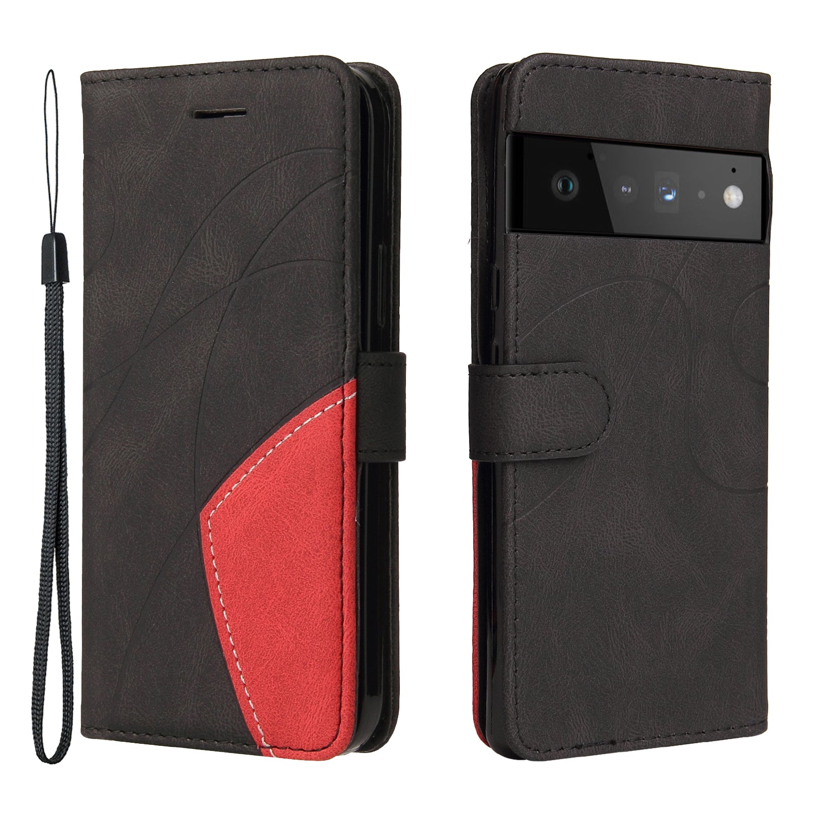 KT Leather Series-1 Bi-color Splicing PU Leather Wallet Case Flip Stand Cover with Wrist Strap for Google Pixel 6