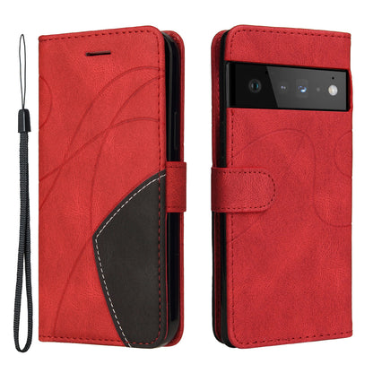 KT Leather Series-1 Bi-color Splicing PU Leather Wallet Case Flip Stand Cover with Wrist Strap for Google Pixel 6