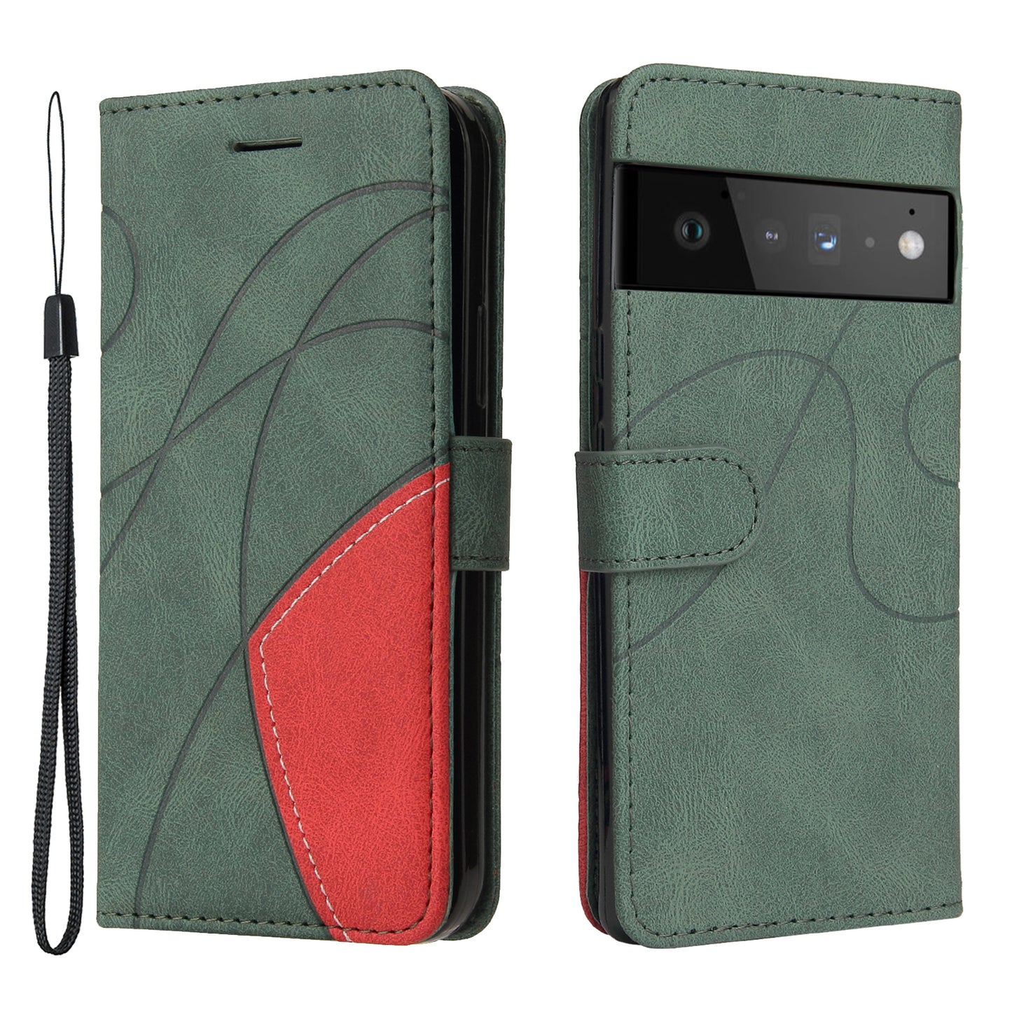 KT Leather Series-1 Bi-color Splicing PU Leather Wallet Case Flip Stand Cover with Wrist Strap for Google Pixel 6