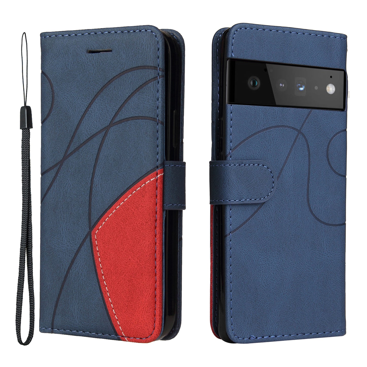 KT Leather Series-1 Bi-color Splicing PU Leather Wallet Case Flip Stand Cover with Wrist Strap for Google Pixel 6