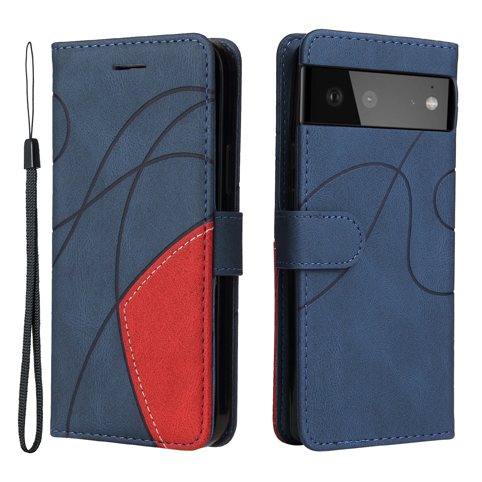 KT Leather Series-1 Bi-color Splicing Design Leather Wallet Case Stand Shell with Handy Strap for Google Pixel 6 Pro