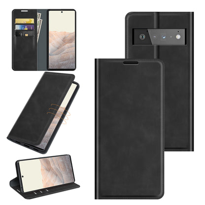 Folio Flip Style Skin-touch Auto-absorbed PU Leather Wallet Shockproof Stand Protective Cover for Google Pixel 6 Pro