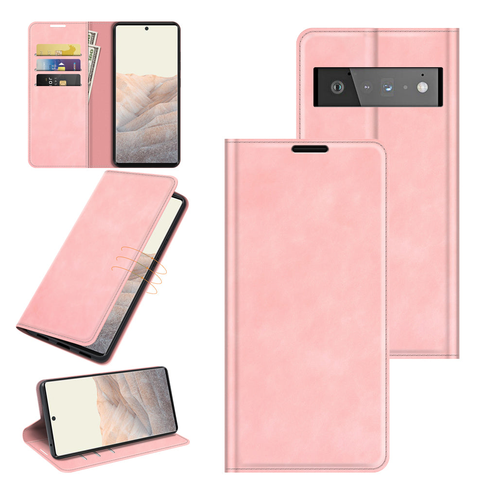 Folio Flip Style Skin-touch Auto-absorbed PU Leather Wallet Shockproof Stand Protective Cover for Google Pixel 6 Pro