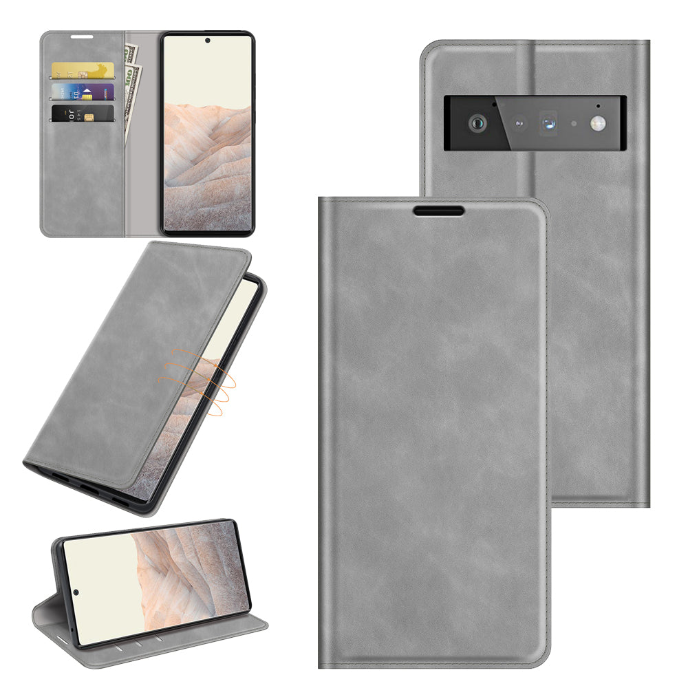 Folio Flip Style Skin-touch Auto-absorbed PU Leather Wallet Shockproof Stand Protective Cover for Google Pixel 6 Pro