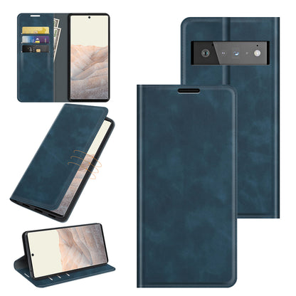 Folio Flip Style Skin-touch Auto-absorbed PU Leather Wallet Shockproof Stand Protective Cover for Google Pixel 6 Pro