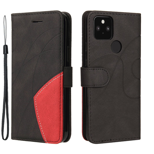 KT Leather Series-1 Dual-Color Contrast PU Leather Wallet Stand Case Cover with Wrist Strap for Google Pixel 5 XL