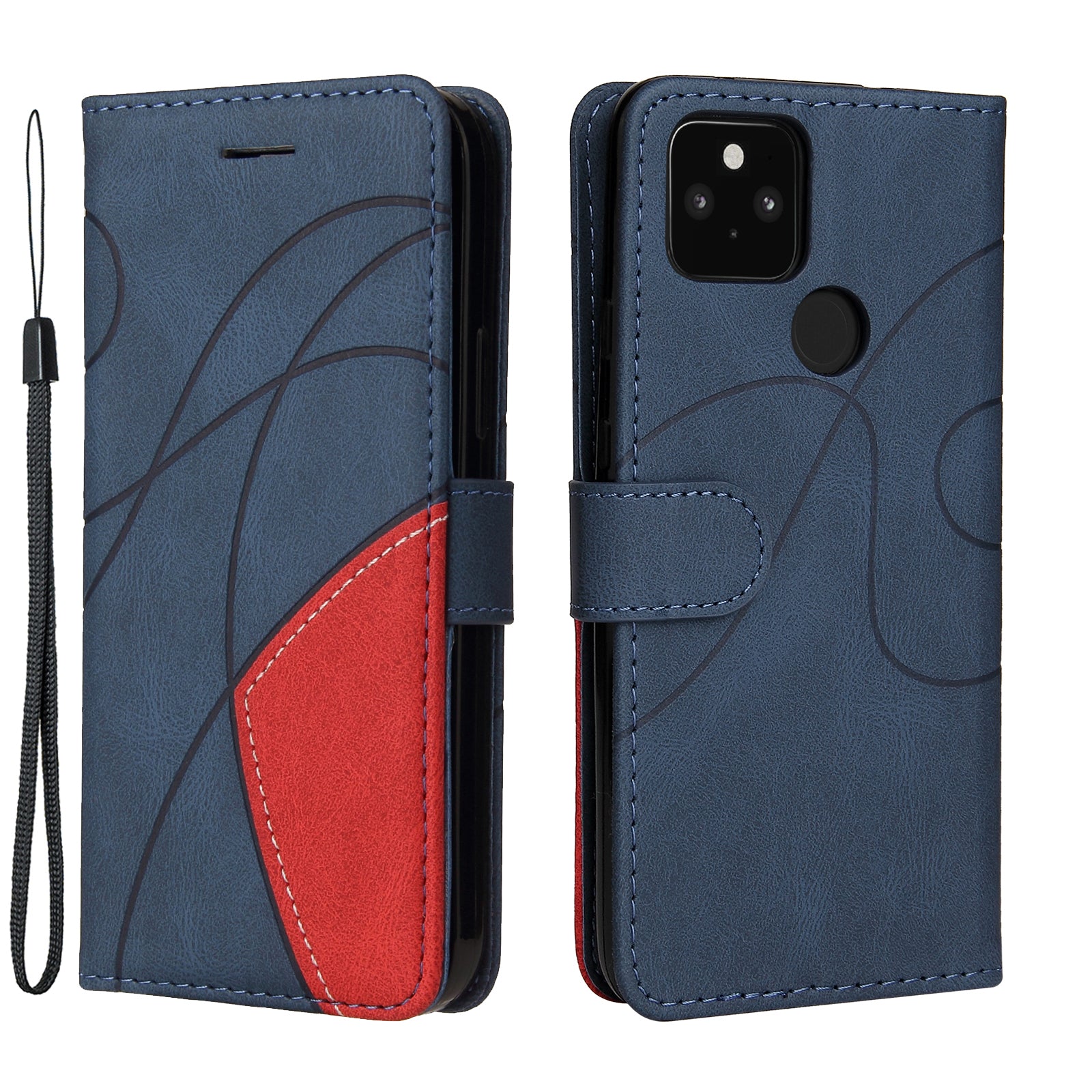 KT Leather Series-1 Dual-Color Contrast PU Leather Wallet Stand Case Cover with Wrist Strap for Google Pixel 5 XL