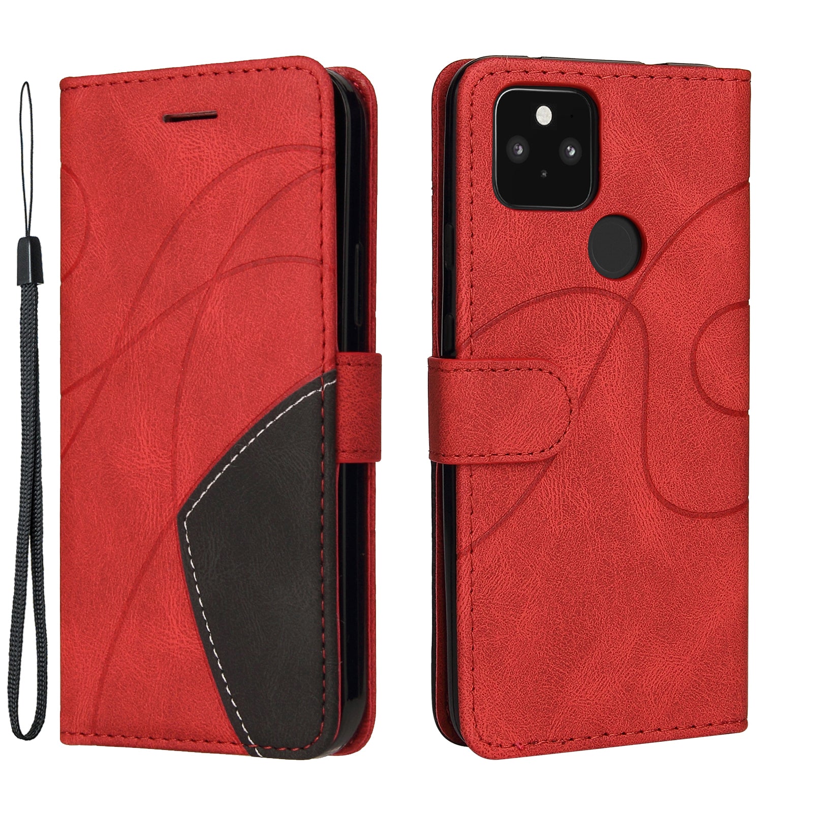 KT Leather Series-1 Dual-Color Contrast PU Leather Wallet Stand Case Cover with Wrist Strap for Google Pixel 5 XL