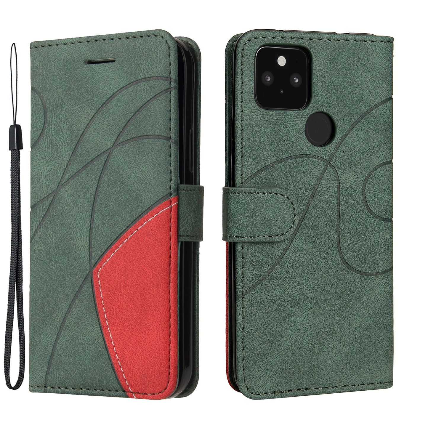 KT Leather Series-1 Dual-Color Contrast PU Leather Wallet Stand Case Cover with Wrist Strap for Google Pixel 5 XL