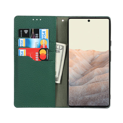 Genuine Leather Litchi Texture Cover Wallet Stand Phone Case with Strap for Google Pixel 6