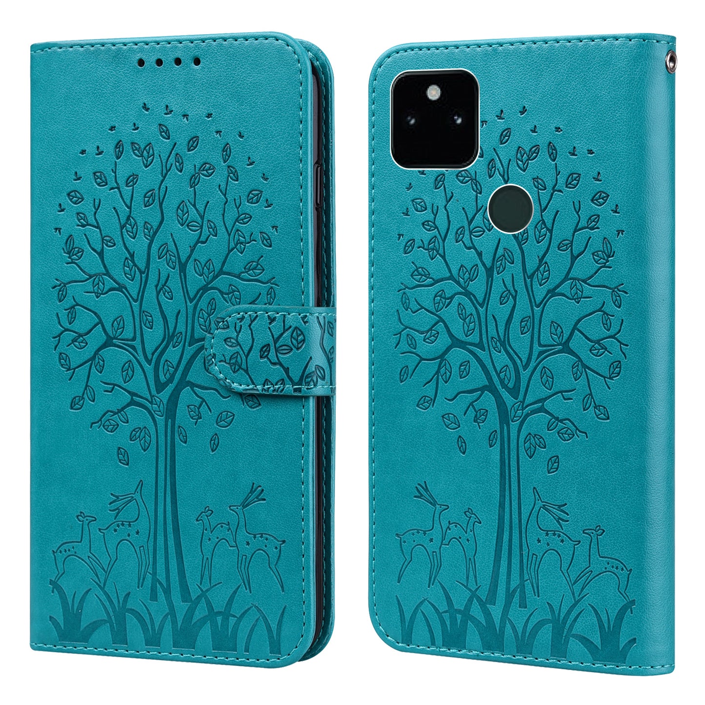 Tree and Deer Imprinted Wallet Stand Design All-round Protection Double-sided Magnetic Clasp Leather Phone Shell Case for Google Pixel 5a 5G