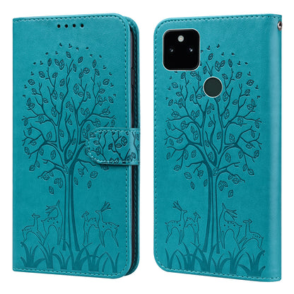 Tree and Deer Imprinted Wallet Stand Design All-round Protection Double-sided Magnetic Clasp Leather Phone Shell Case for Google Pixel 5a 5G