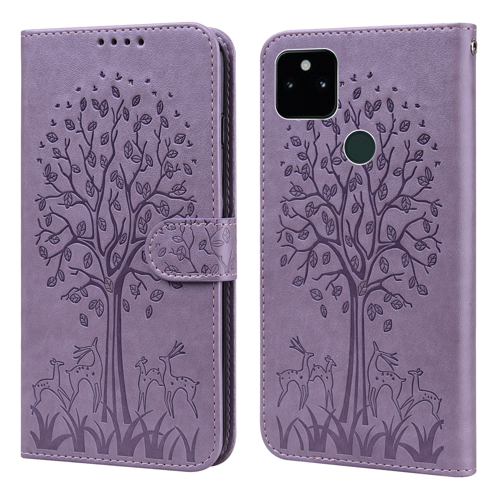 Tree and Deer Imprinted Wallet Stand Design All-round Protection Double-sided Magnetic Clasp Leather Phone Shell Case for Google Pixel 5a 5G