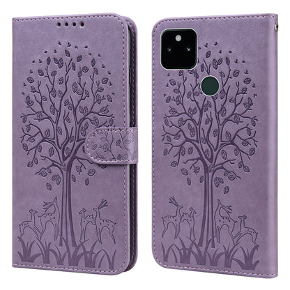 Tree and Deer Imprinted Wallet Stand Design All-round Protection Double-sided Magnetic Clasp Leather Phone Shell Case for Google Pixel 5a 5G