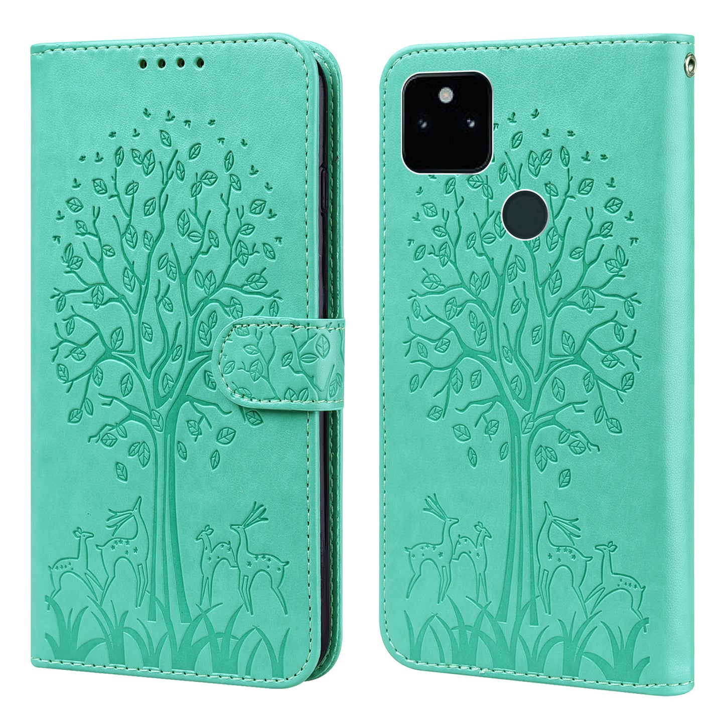 Tree and Deer Imprinted Wallet Stand Design All-round Protection Double-sided Magnetic Clasp Leather Phone Shell Case for Google Pixel 5a 5G