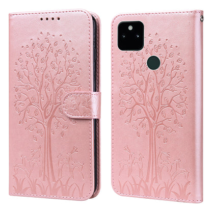 Tree and Deer Imprinted Wallet Stand Design All-round Protection Double-sided Magnetic Clasp Leather Phone Shell Case for Google Pixel 5a 5G