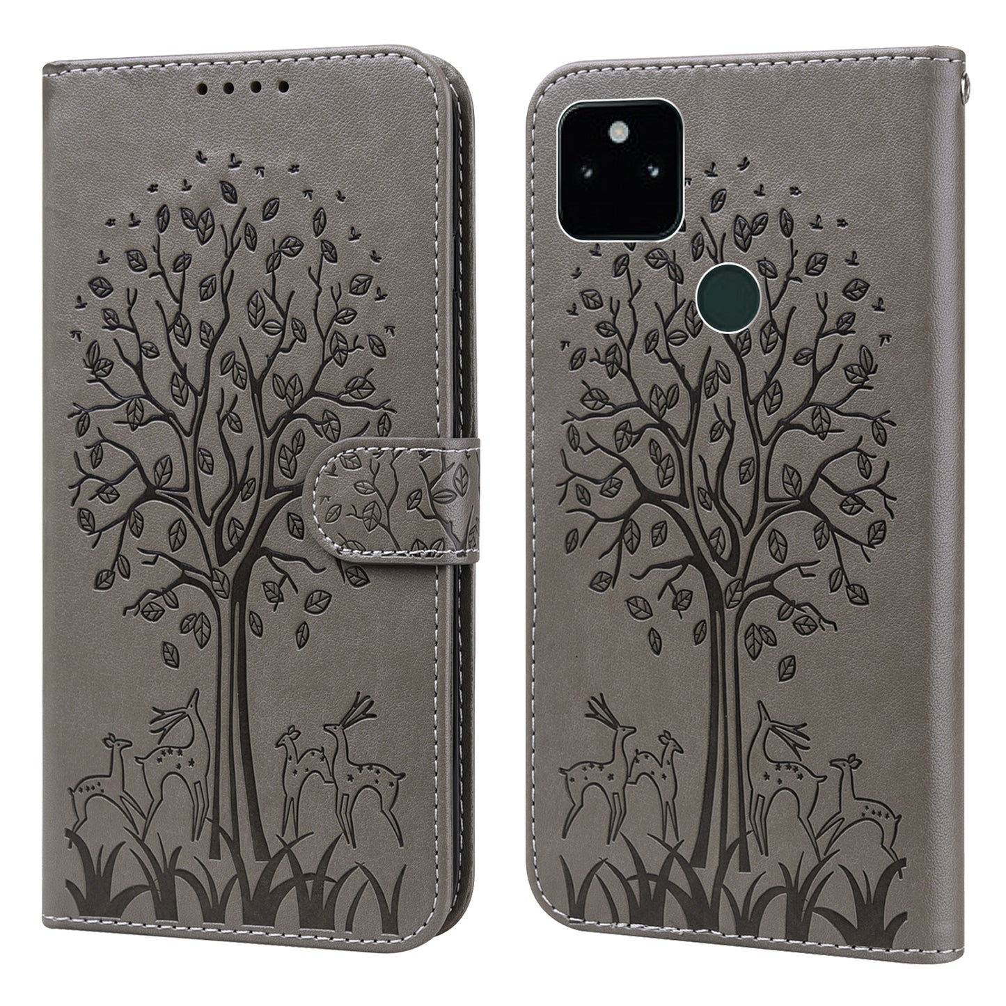 Tree and Deer Imprinted Wallet Stand Design All-round Protection Double-sided Magnetic Clasp Leather Phone Shell Case for Google Pixel 5a 5G