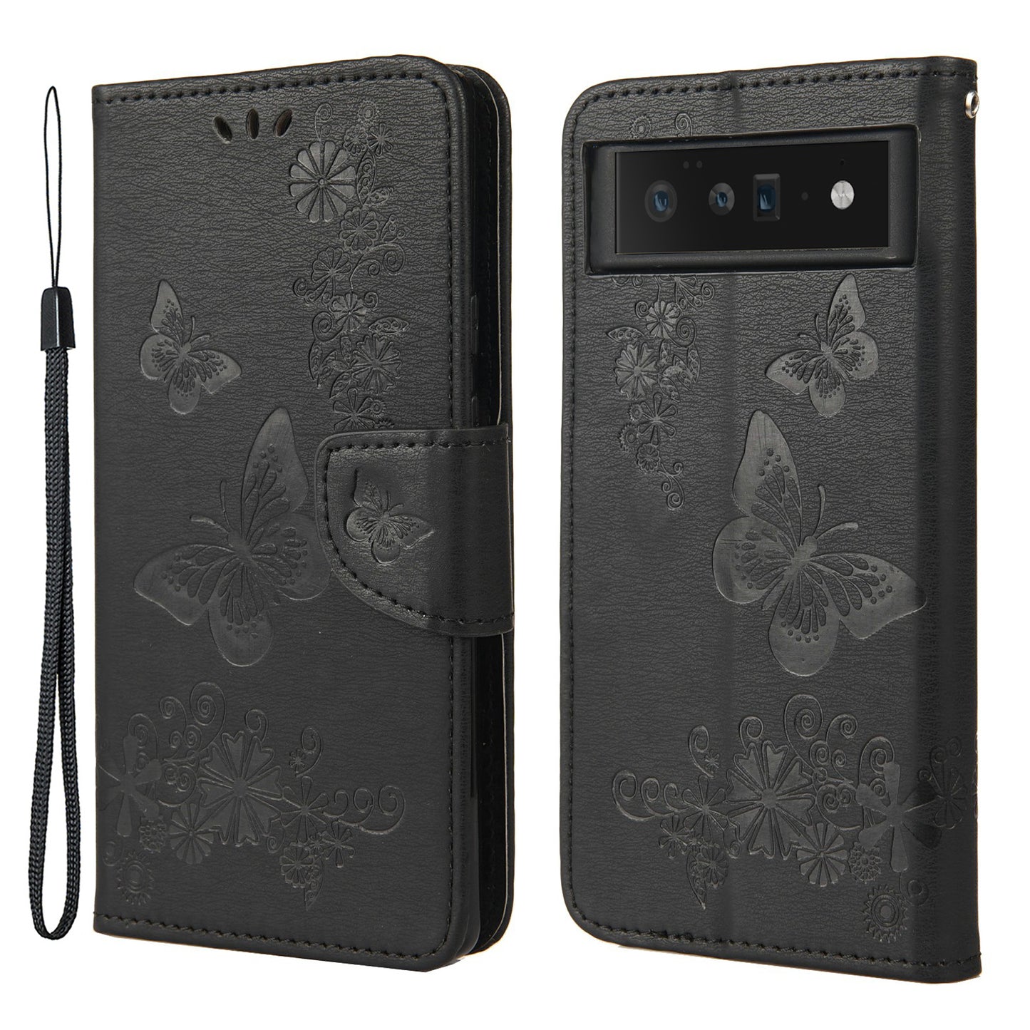 For Google Pixel 6 Pro Imprinted Butterflies Flower Leather Case Wallet Stand Phone Cover Shell