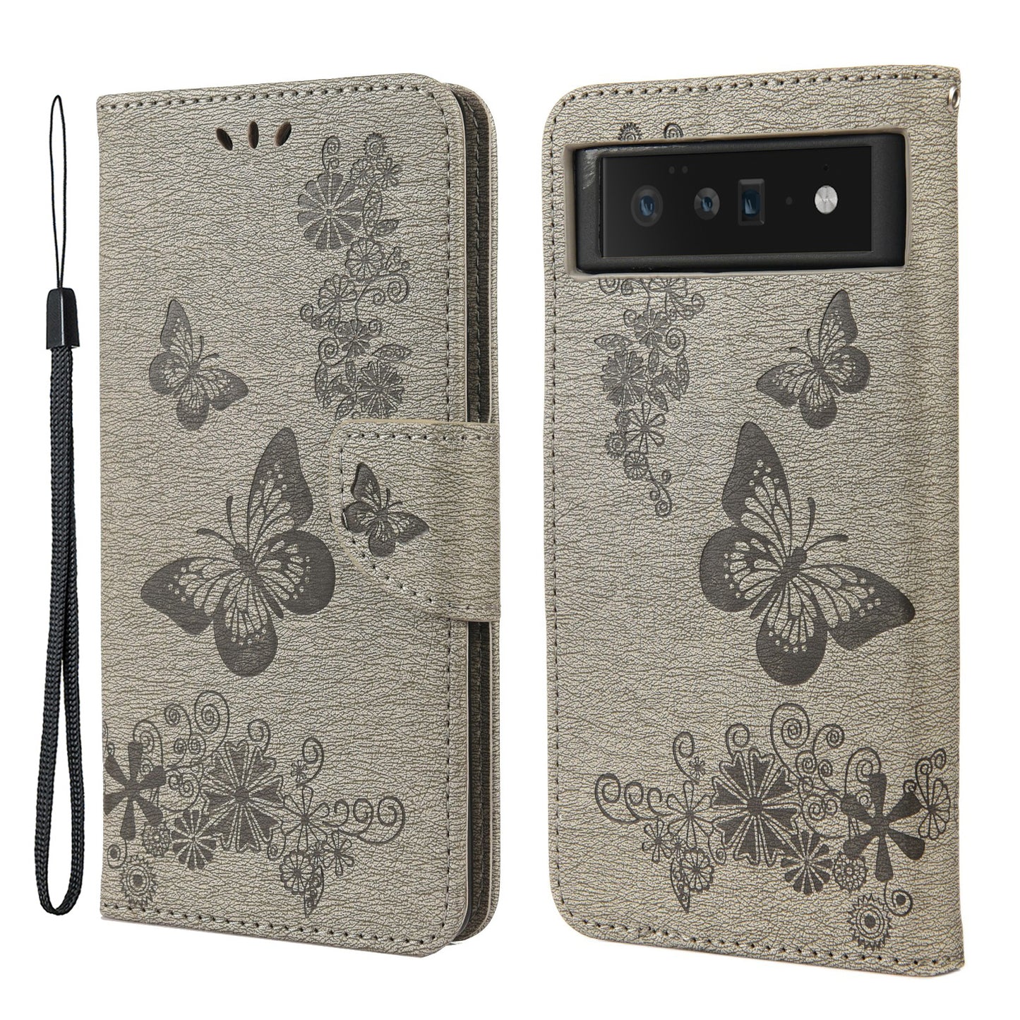 For Google Pixel 6 Pro Imprinted Butterflies Flower Leather Case Wallet Stand Phone Cover Shell