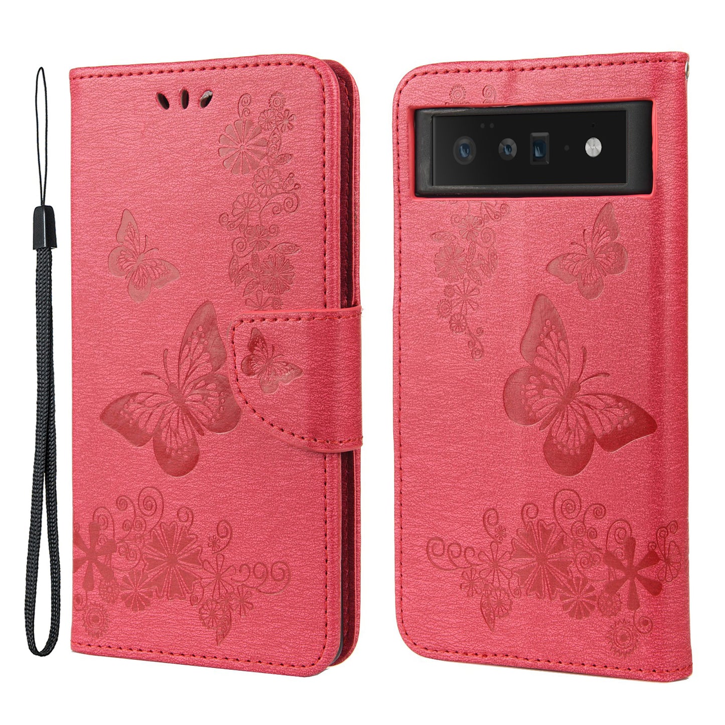 For Google Pixel 6 Pro Imprinted Butterflies Flower Leather Case Wallet Stand Phone Cover Shell