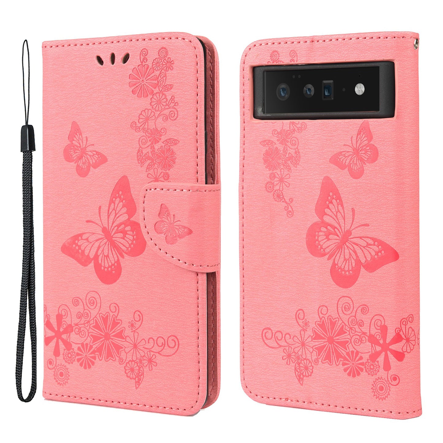 For Google Pixel 6 Pro Imprinted Butterflies Flower Leather Case Wallet Stand Phone Cover Shell