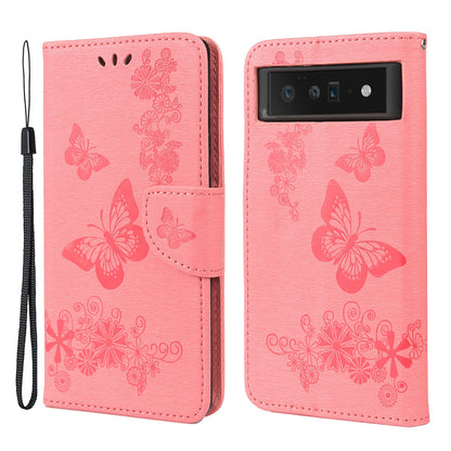 For Google Pixel 6 Pro Imprinted Butterflies Flower Leather Case Wallet Stand Phone Cover Shell