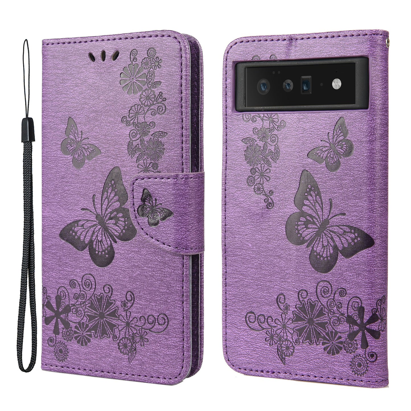 For Google Pixel 6 Pro Imprinted Butterflies Flower Leather Case Wallet Stand Phone Cover Shell