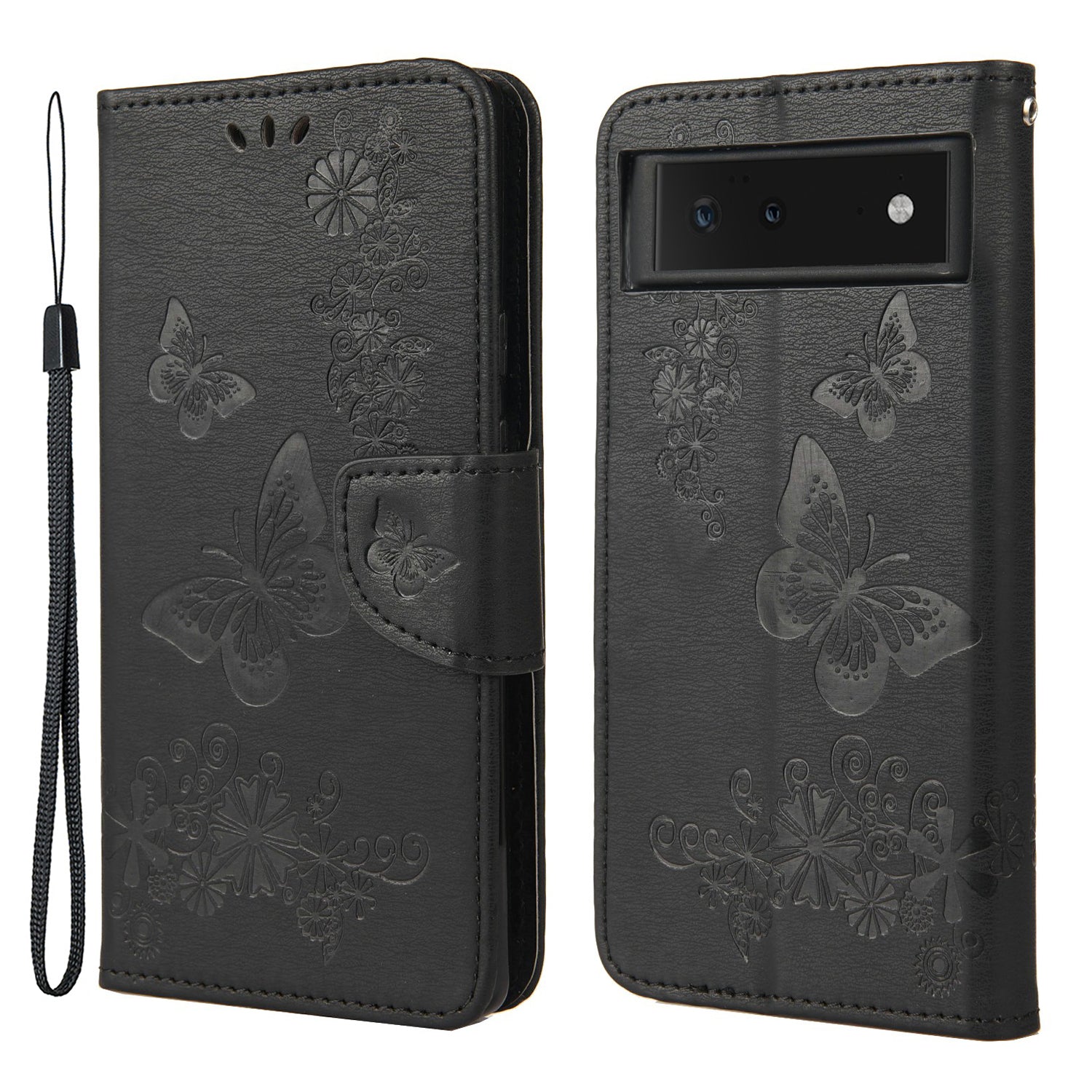 Imprinted Butterflies Flower Shockproof Leather Phone Case Shell with Wallet Stand for Google Pixel 6