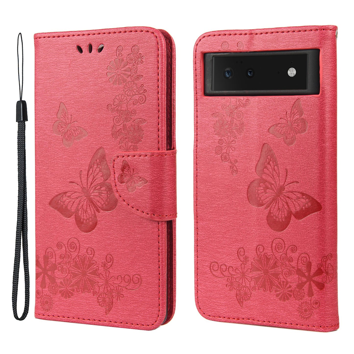 Imprinted Butterflies Flower Shockproof Leather Phone Case Shell with Wallet Stand for Google Pixel 6