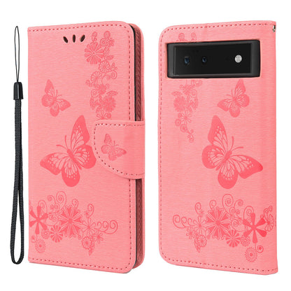 Imprinted Butterflies Flower Shockproof Leather Phone Case Shell with Wallet Stand for Google Pixel 6