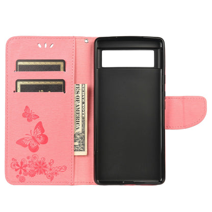 Imprinted Butterflies Flower Shockproof Leather Phone Case Shell with Wallet Stand for Google Pixel 6