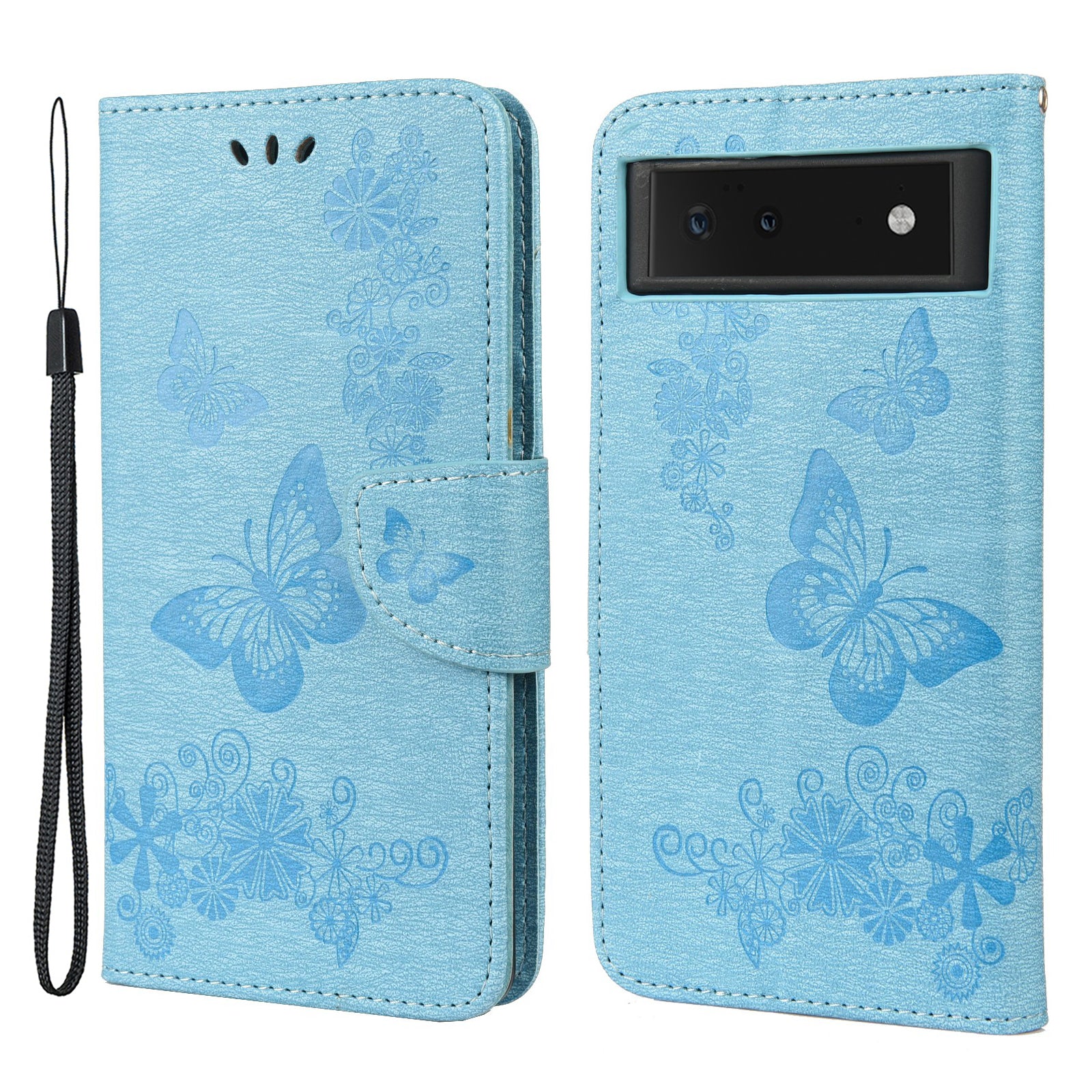 Imprinted Butterflies Flower Shockproof Leather Phone Case Shell with Wallet Stand for Google Pixel 6