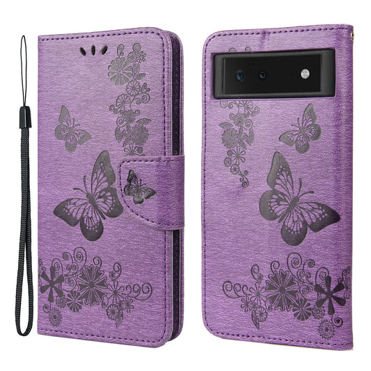 Imprinted Butterflies Flower Shockproof Leather Phone Case Shell with Wallet Stand for Google Pixel 6