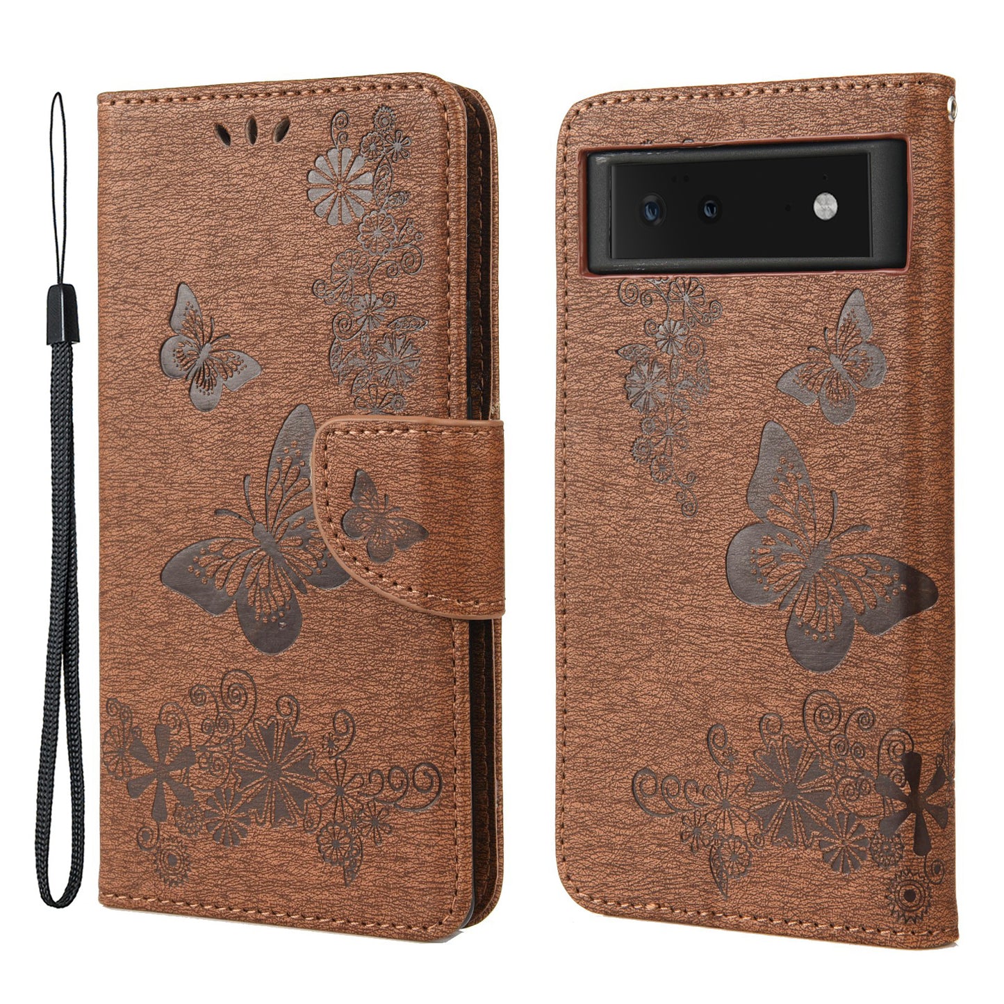 Imprinted Butterflies Flower Shockproof Leather Phone Case Shell with Wallet Stand for Google Pixel 6