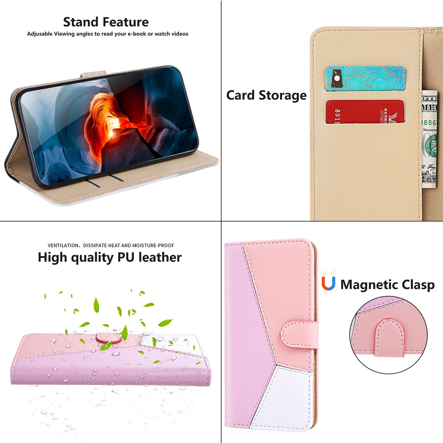 Stylish Tri-color Splicing Design Stand Wallet Full Protection Leather Cover Phone Case for Google Pixel 6