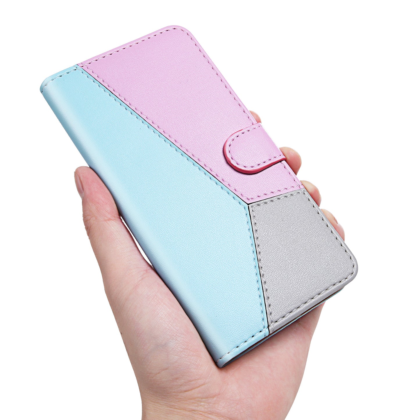 Stylish Tri-color Splicing Design Stand Wallet Full Protection Leather Cover Phone Case for Google Pixel 6