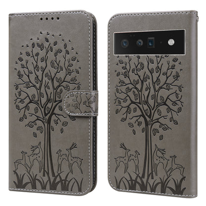 Anti-scratch Elk and Tree Pattern Imprinted Wallet Leather Phone Case Stand Shell for Google Pixel 6 Pro