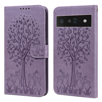 Anti-scratch Elk and Tree Pattern Imprinted Wallet Leather Phone Case Stand Shell for Google Pixel 6 Pro