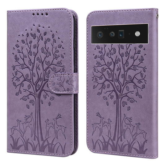 Anti-scratch Elk and Tree Pattern Imprinted Wallet Leather Phone Case Stand Shell for Google Pixel 6 Pro