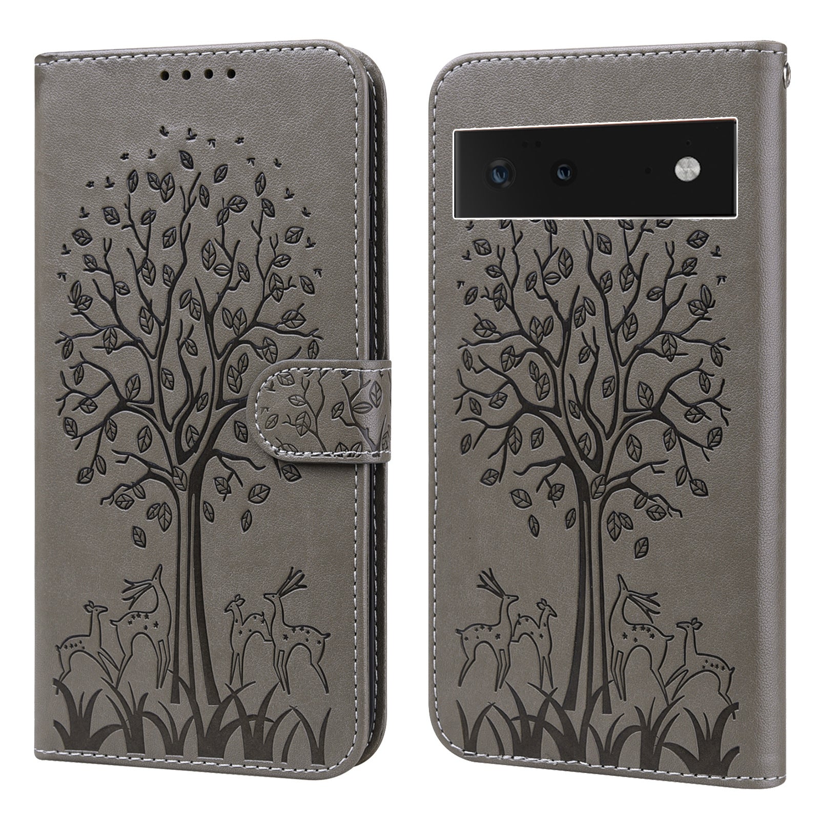 Anti-scratch Stand Phone Cover Imprinted Elk and Tree Pattern Wallet Leather Phone Case for Google Pixel 6