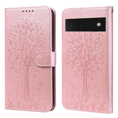 Anti-scratch Stand Phone Cover Imprinted Elk and Tree Pattern Wallet Leather Phone Case for Google Pixel 6