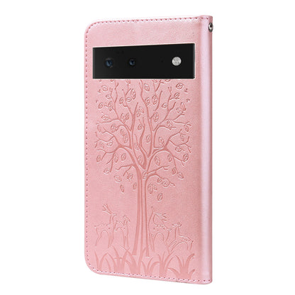 Anti-scratch Stand Phone Cover Imprinted Elk and Tree Pattern Wallet Leather Phone Case for Google Pixel 6