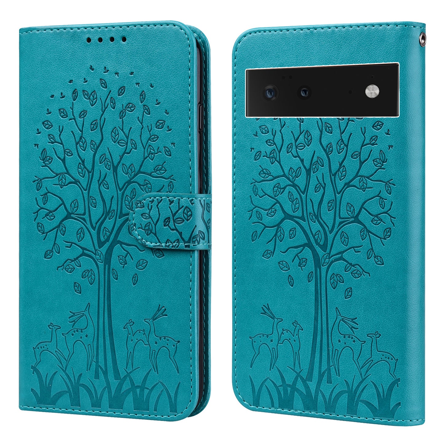 Anti-scratch Stand Phone Cover Imprinted Elk and Tree Pattern Wallet Leather Phone Case for Google Pixel 6