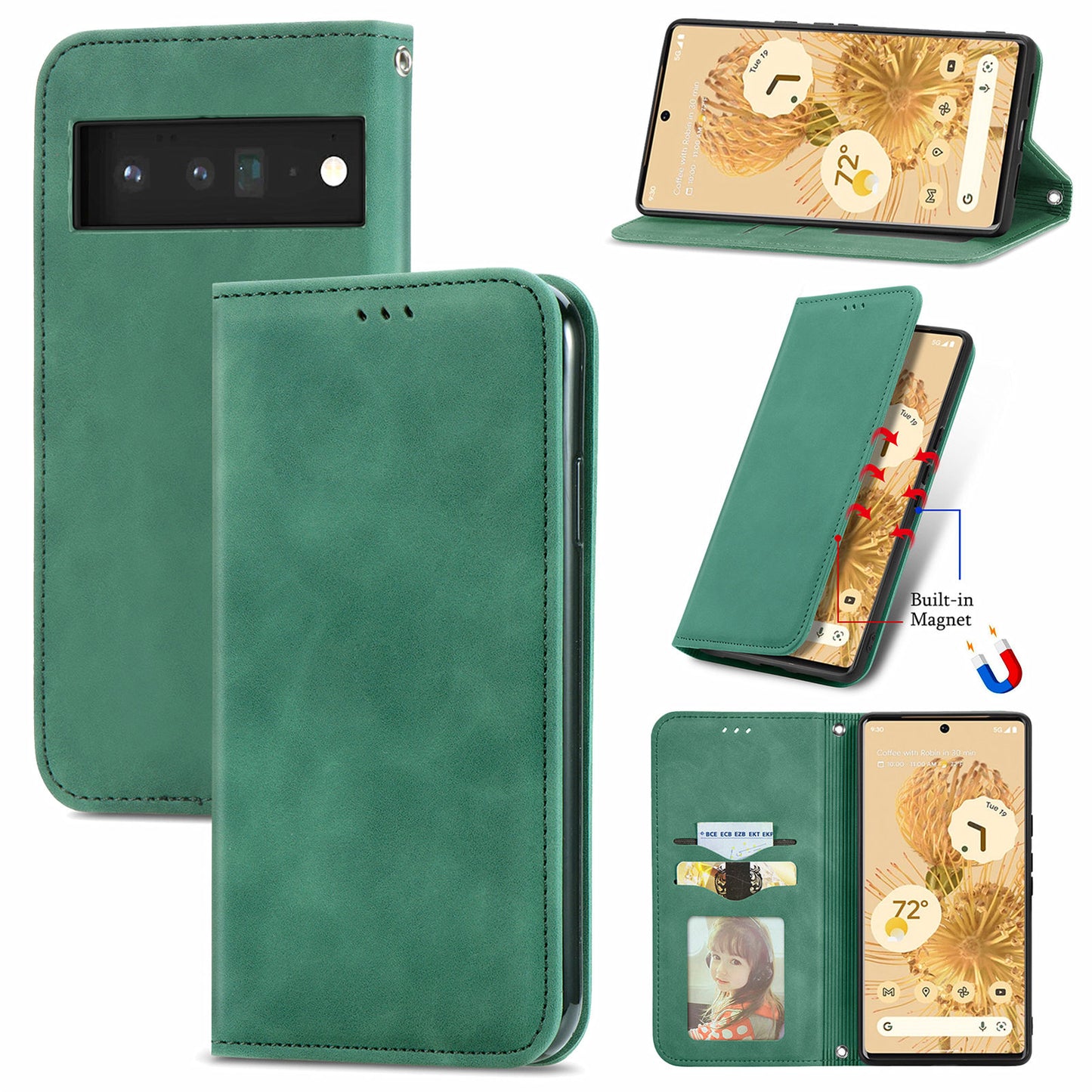 Vintage Texture Skin-touch PU Leather Stand Flip Magnetic Absorption Phone Case with Card Slots for Google Pixel 6 Pro