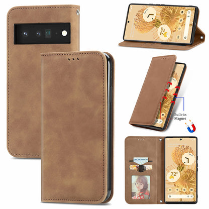 Vintage Texture Skin-touch PU Leather Stand Flip Magnetic Absorption Phone Case with Card Slots for Google Pixel 6 Pro