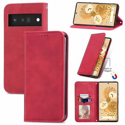 Vintage Texture Skin-touch PU Leather Stand Flip Magnetic Absorption Phone Case with Card Slots for Google Pixel 6 Pro