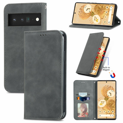 Vintage Texture Skin-touch PU Leather Stand Flip Magnetic Absorption Phone Case with Card Slots for Google Pixel 6 Pro