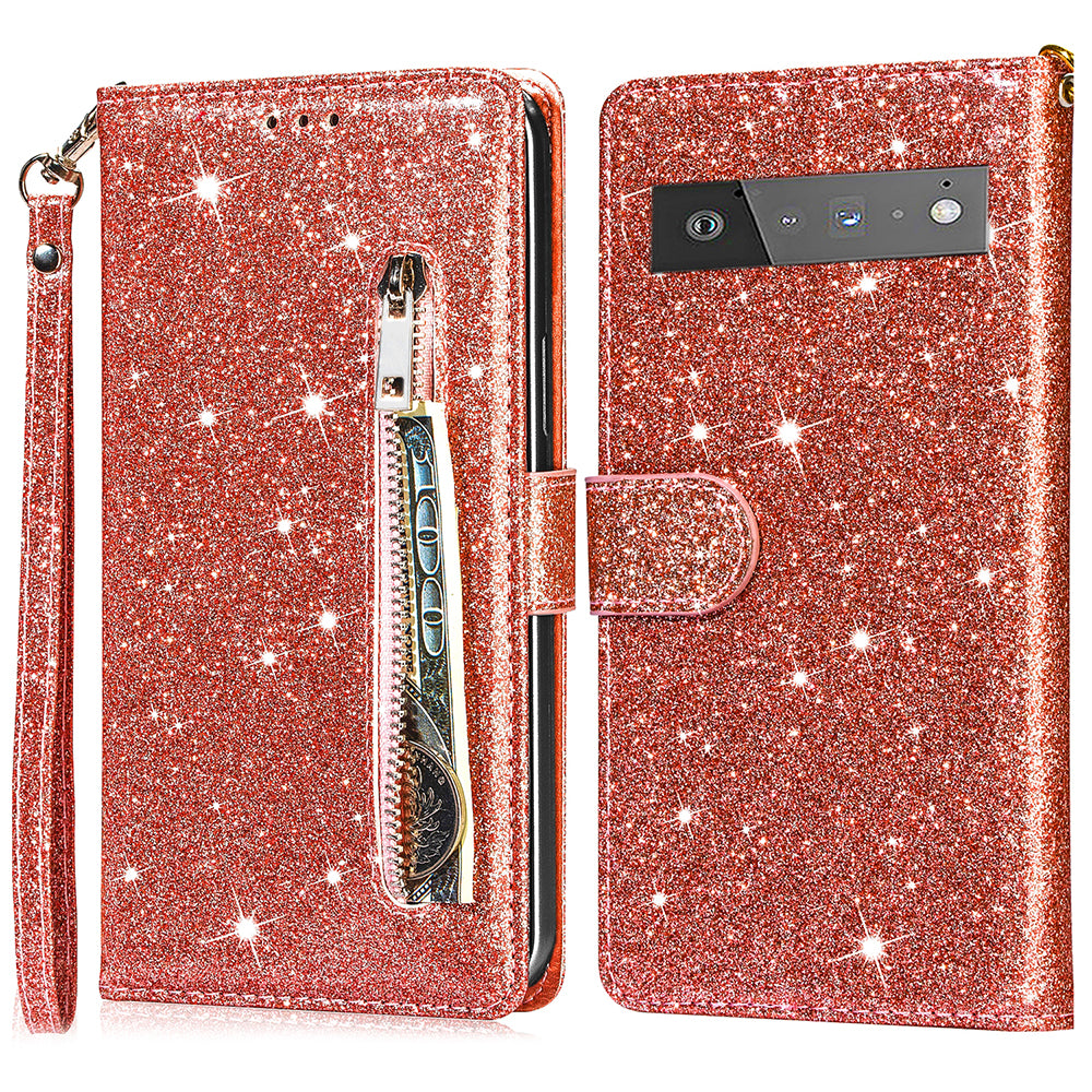 Glitter Sequins Magnetic Clasp Well-protected Anti-shock Zipper Pocket Wallet Flip Leather Phone Cover with Stand for Google Pixel 6