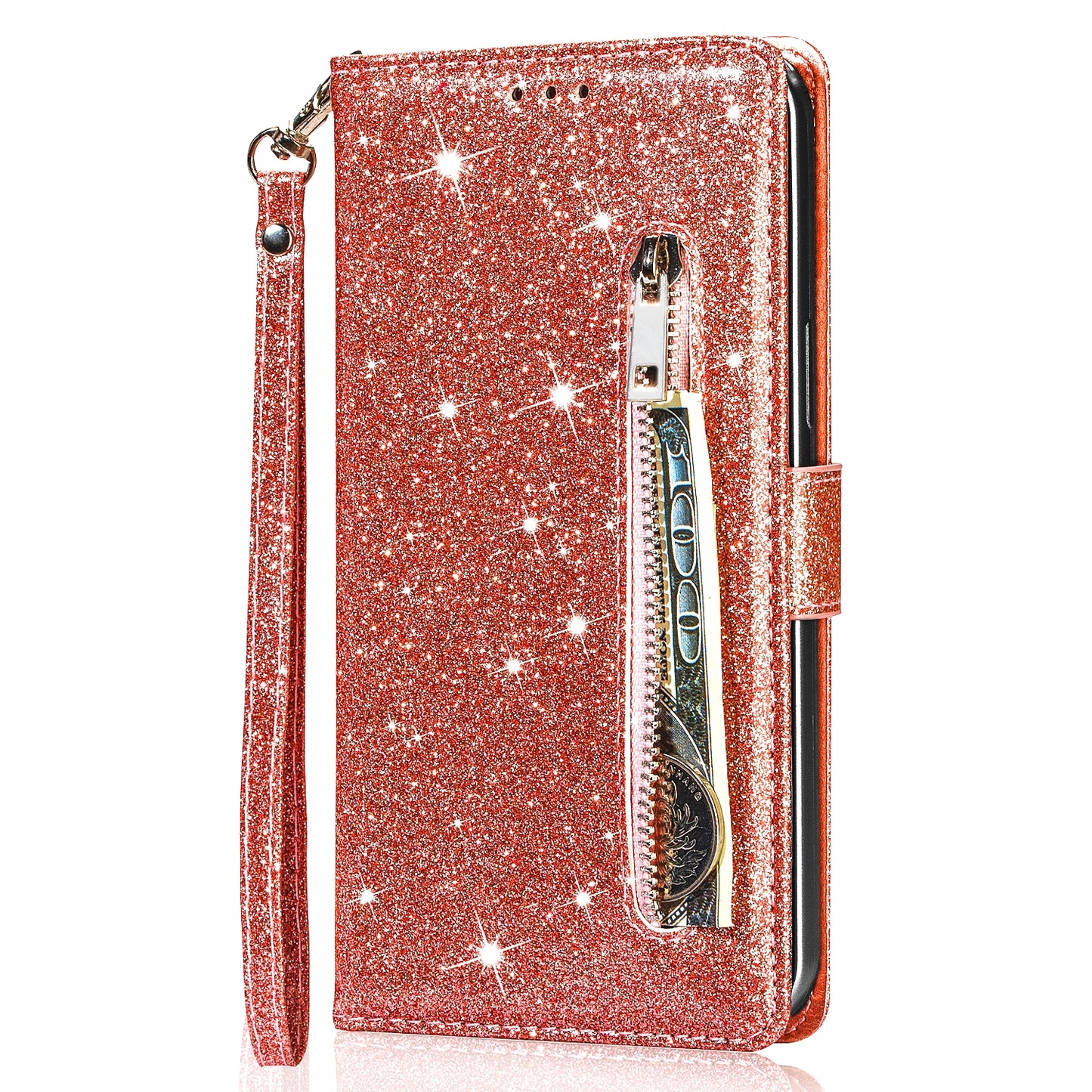 Glitter Sequins Magnetic Clasp Well-protected Anti-shock Zipper Pocket Wallet Flip Leather Phone Cover with Stand for Google Pixel 6