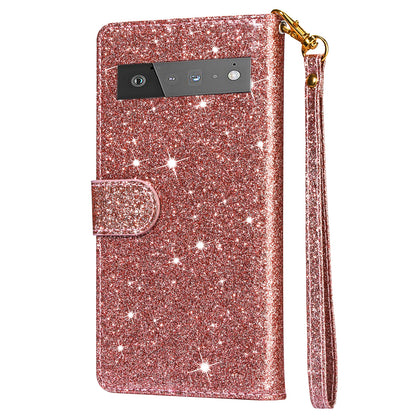 Glitter Sequins Magnetic Clasp Well-protected Anti-shock Zipper Pocket Wallet Flip Leather Phone Cover with Stand for Google Pixel 6